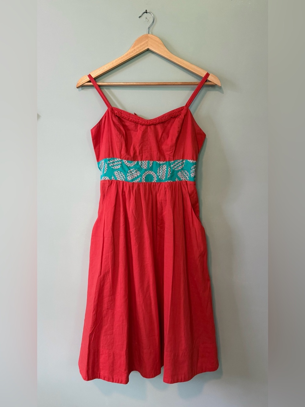 Anthropologie Orange-Red Cotton Sundress with Turquoise Silk Waistband